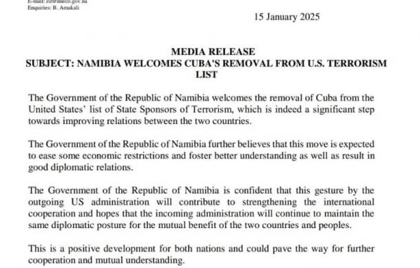 Namibia welcomes US removal of Cuba from terrorism list 