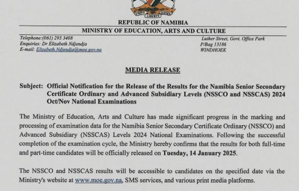 Education Ministry to release NSSCO and NSSCAS results on 14 January 2025