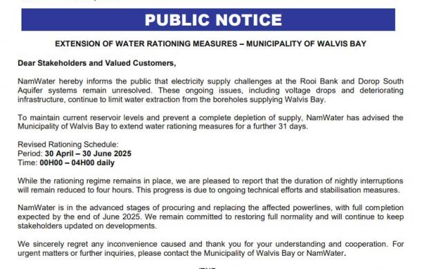 NamWater extends Walvis Bay water rationing amid power issues