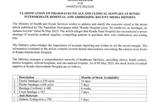 Health Ministry refutes Rundu Hospital stock-out claims