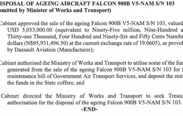 Cabinet approves sale of Falcon V5-NAM