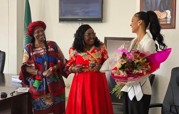 Miss World Namibia Selma Kamanya pays courtesy call on Swapo SG Shaningwa