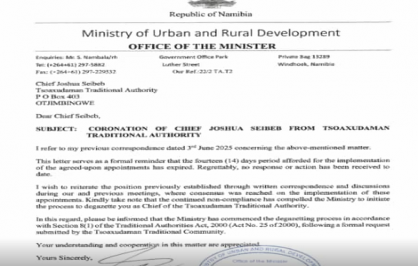Ministry begins degazetting process for Tsoaxudama Chief Josua Seibeb